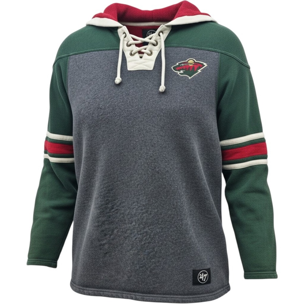 47 Brand Minnesota Wild NHL Lace Up Hoodie Sweatshirt Mens Large Gray Green